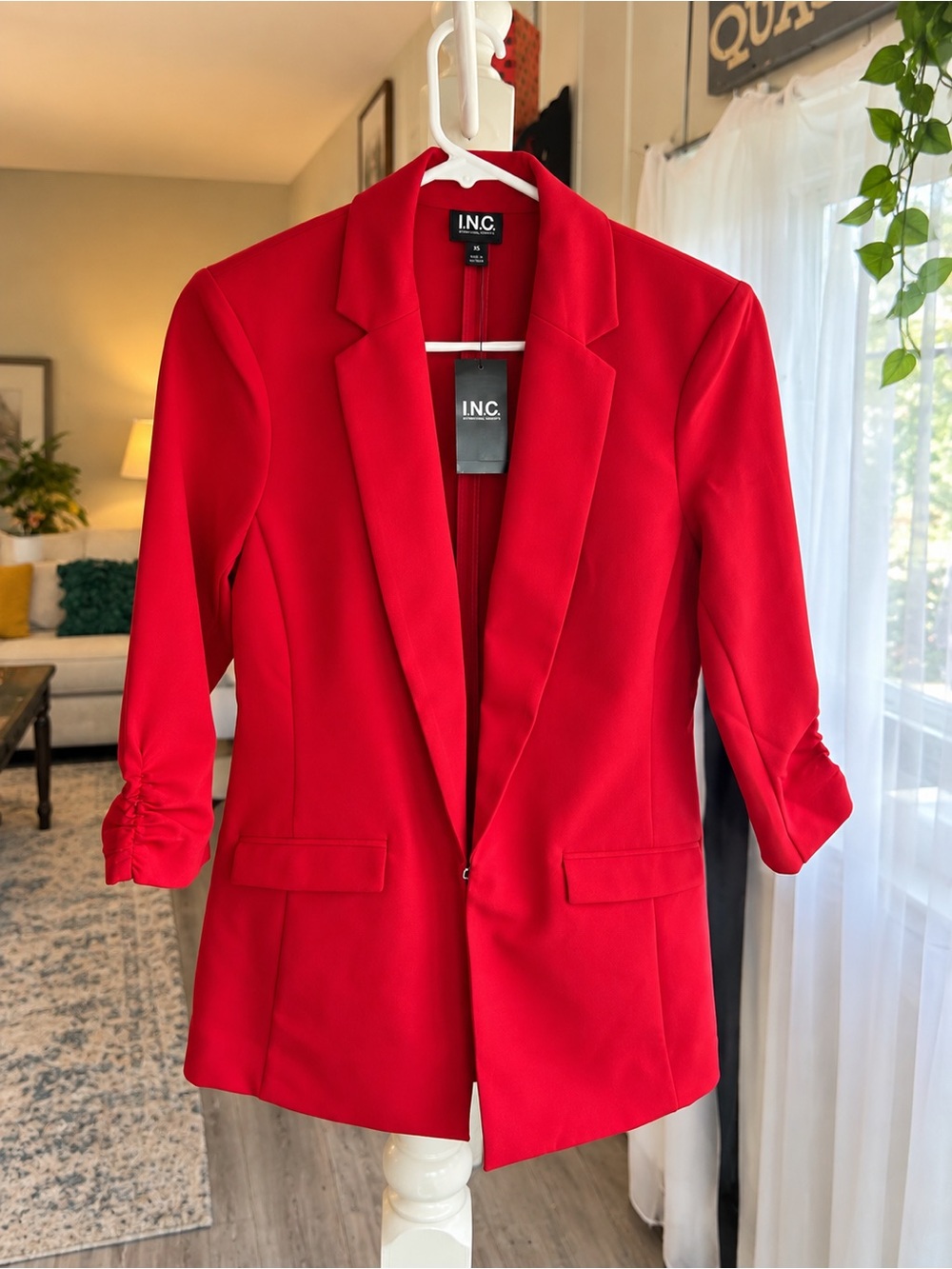 I.N.C. International Concepts Red 3/4 Sleeve Blazer XS NWT Ruched Sleeve